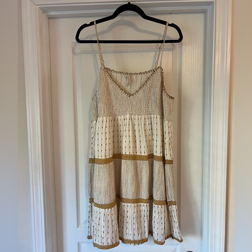 Cream Smocked Dress w/ Gold Beads and Embroidery
